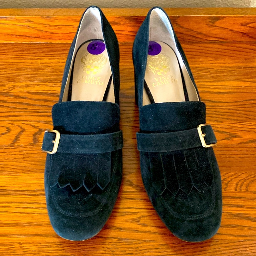 Black suede block heels 2.5 in gold buckle trim.